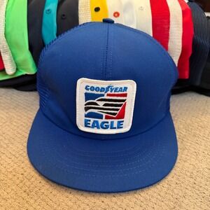 Vintage 1990s Goodyear Eagle Racing Trucker Hat Blue Mesh Snapback Cap